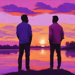 The image depicts two men standing together, watching a sunset