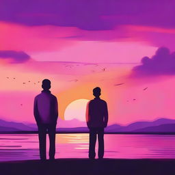 The image depicts two men standing together, watching a sunset