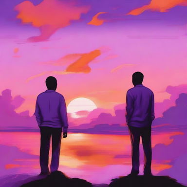 The image depicts two men standing together, watching a sunset