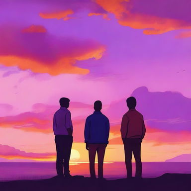 The image depicts two men standing together, watching a sunset