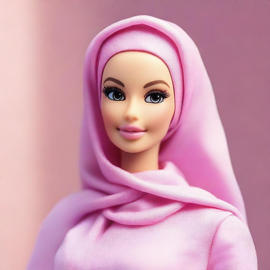 A Barbie doll wearing a soft pink hijab that covers her full head