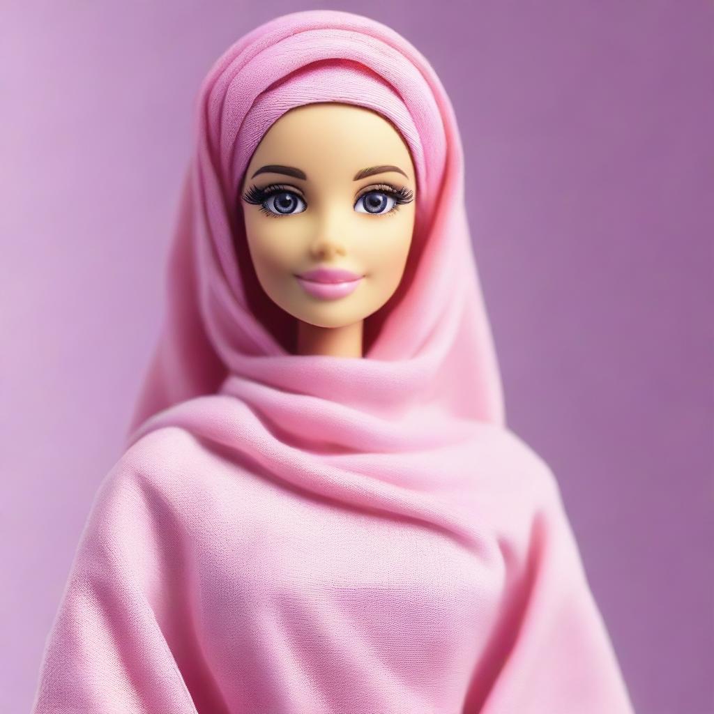 A Barbie doll wearing a soft pink hijab that covers her full head