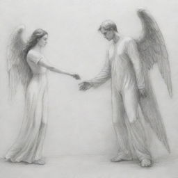 A pencil sketch of a female angel and a man, distanced apart, reaching towards each other but unable to touch, encapsulating a sense of sadness and isolation. The sketch should not be realistic.