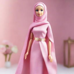 A Barbie doll wearing a soft pink hijab that covers her full head