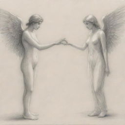 A pencil sketch of a female angel and a man, distanced apart, reaching towards each other but unable to touch, encapsulating a sense of sadness and isolation. The sketch should not be realistic.