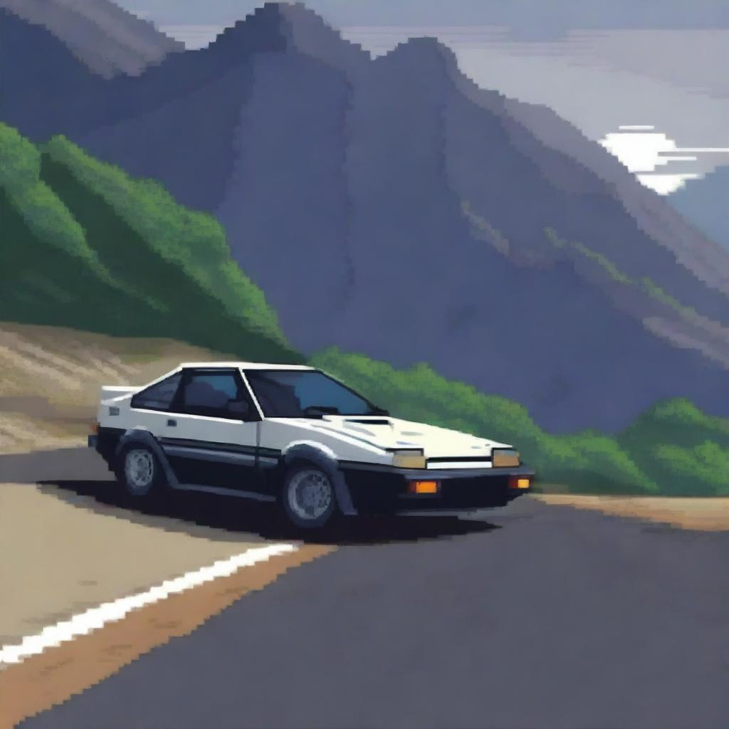 A pixel art depiction of the iconic Toyota AE86 from the anime Initial D