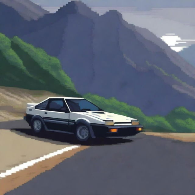 A pixel art depiction of the iconic Toyota AE86 from the anime Initial D