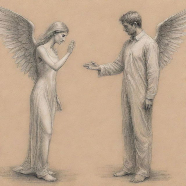 A pencil sketch of a female angel and a man, distanced apart, reaching towards each other but unable to touch, encapsulating a sense of sadness and isolation. The sketch should not be realistic.