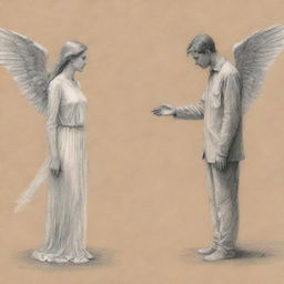 A pencil sketch of a female angel and a man, distanced apart, reaching towards each other but unable to touch, encapsulating a sense of sadness and isolation. The sketch should not be realistic.