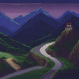 A pixel art depiction of the Akina Touge mountain road at night