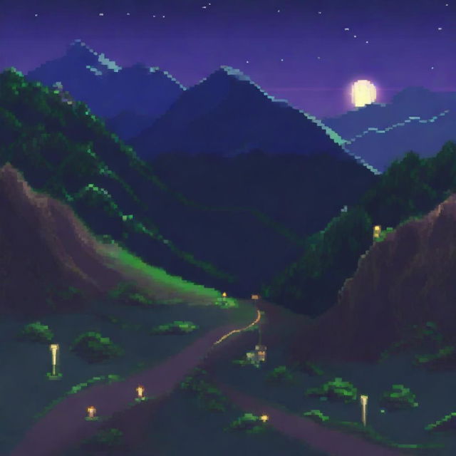 A pixel art depiction of the Akina Touge mountain road at night