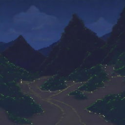 A pixel art depiction of the Akina Touge mountain road at night