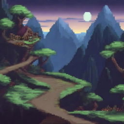 A pixel art depiction of the Akina Touge mountain road at night, designed in the style of a 2D platformer game