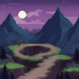 A pixel art depiction of the Akina Touge mountain road at night, designed in the style of a 2D platformer game