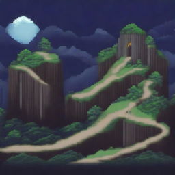 A pixel art depiction of the Akina Touge mountain road at night, designed in the style of a 2D platformer game