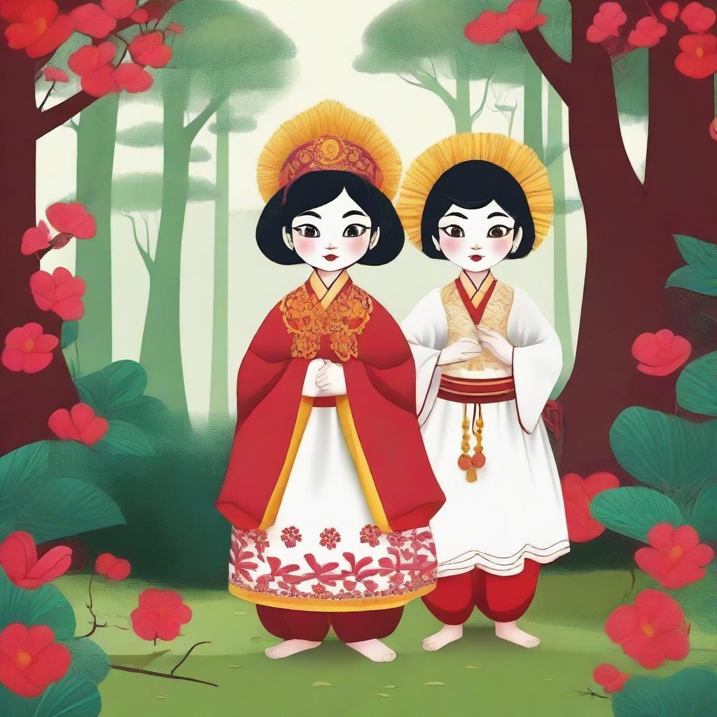 Create an enchanting illustration of Bawang Putih and Bawang Merah, two characters from Indonesian folklore