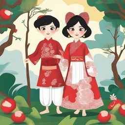 Create an enchanting illustration of Bawang Putih and Bawang Merah, two characters from Indonesian folklore