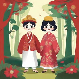 Create an enchanting illustration of Bawang Putih and Bawang Merah, two characters from Indonesian folklore