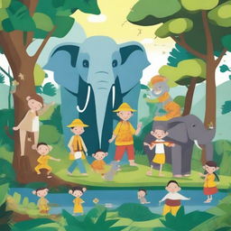 Create a vibrant illustration of Sang Gajah and his 10 friends in a lush jungle setting