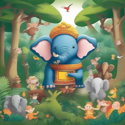 Create a vibrant illustration of Sang Gajah and his 10 friends in a lush jungle setting