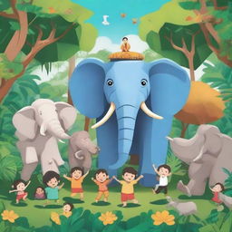 Create a vibrant illustration of Sang Gajah and his 10 friends in a lush jungle setting