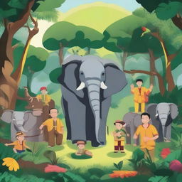 Create a vibrant illustration of Sang Gajah and his 10 friends in a lush jungle setting