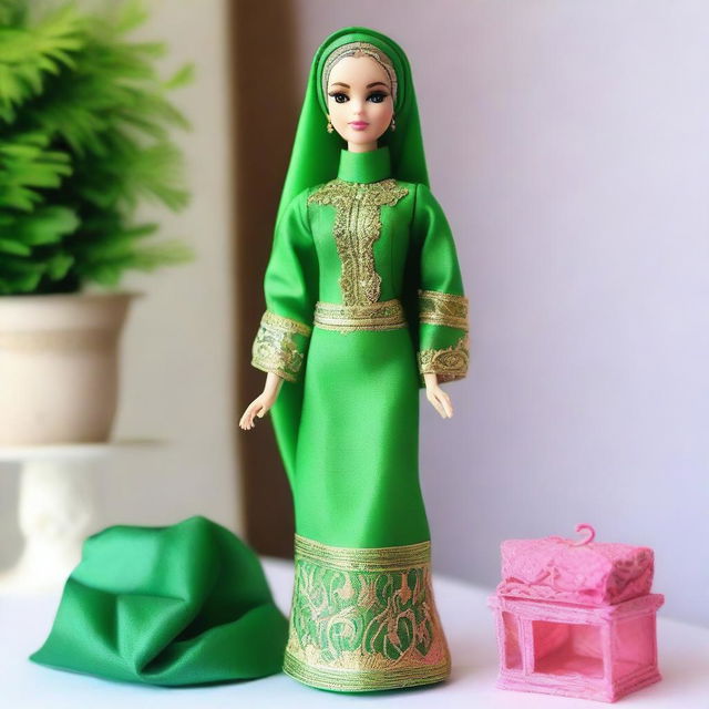 Create an image of a Barbie doll with a full head of kelly green hijab