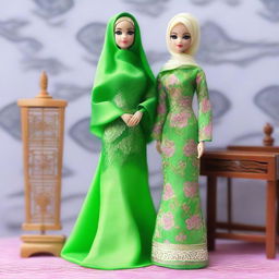 Create an image of a Barbie doll with a full head of kelly green hijab