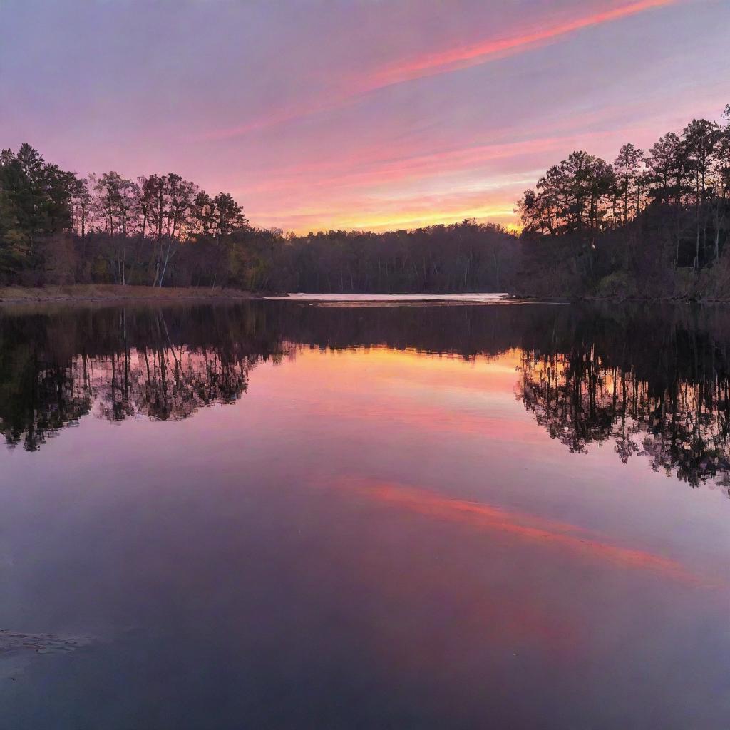 A tranquil scene of a sunset over a peaceful lake, the vibrant colors of oranges, pinks, and purples reflecting off of the sparkling water.