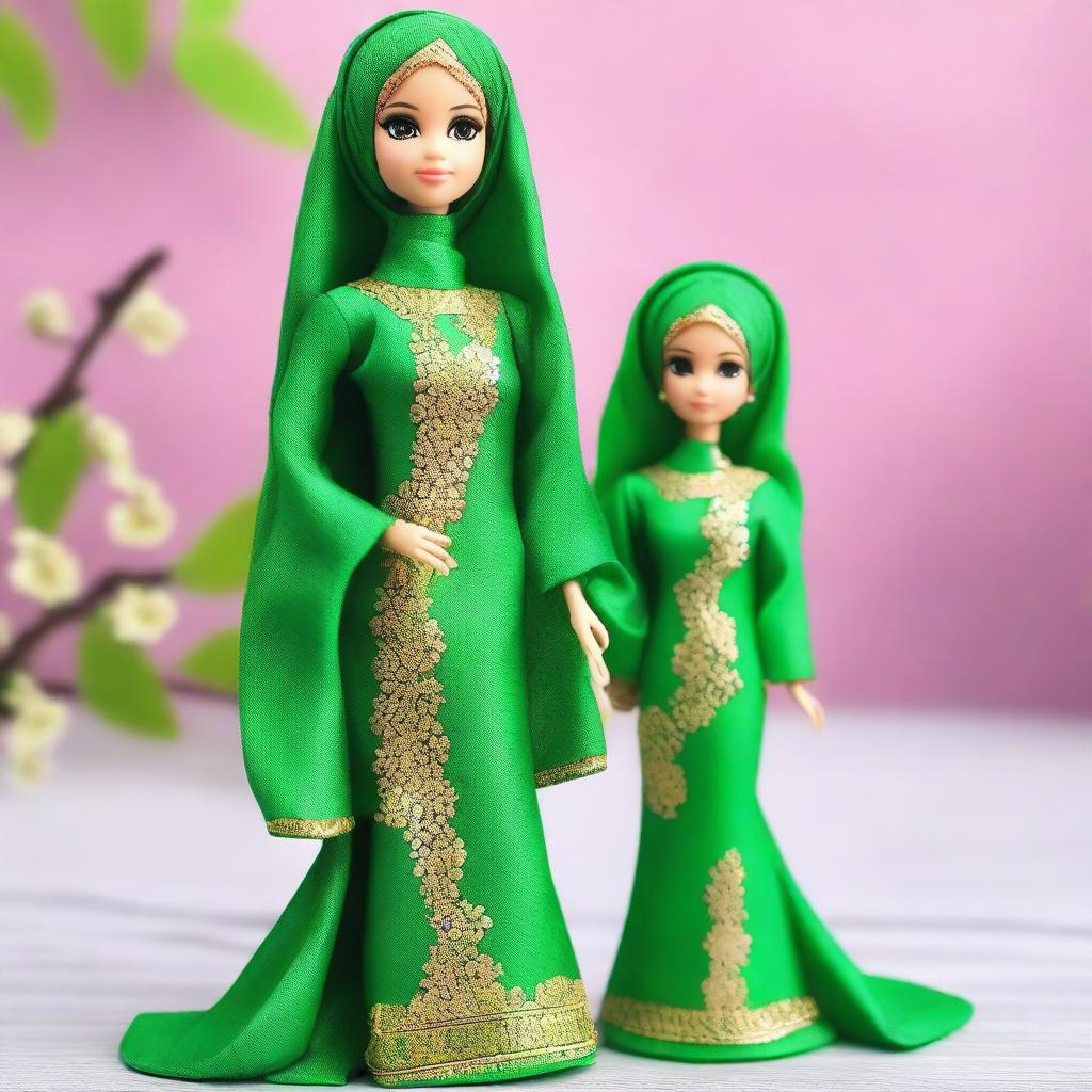 The image features a classic Barbie doll dressed in a full hijab and baju kurung, both in kelly green