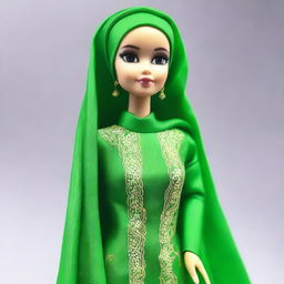 The image features a classic Barbie doll dressed in a full hijab and baju kurung, both in kelly green