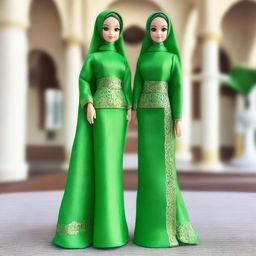 The image features a classic Barbie doll dressed in a full hijab and baju kurung, both in kelly green