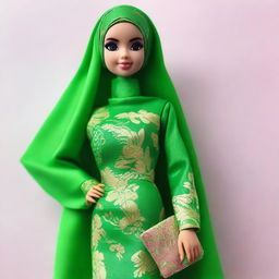 The image features a classic Barbie doll dressed in a full hijab and baju kurung, both in kelly green