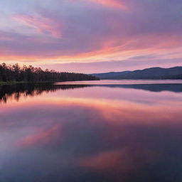 A tranquil scene of a sunset over a peaceful lake, the vibrant colors of oranges, pinks, and purples reflecting off of the sparkling water.