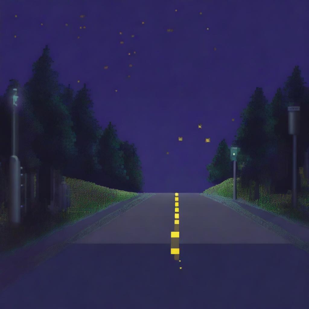 A pixel art depiction of a night road, designed in a sideways 2D perspective