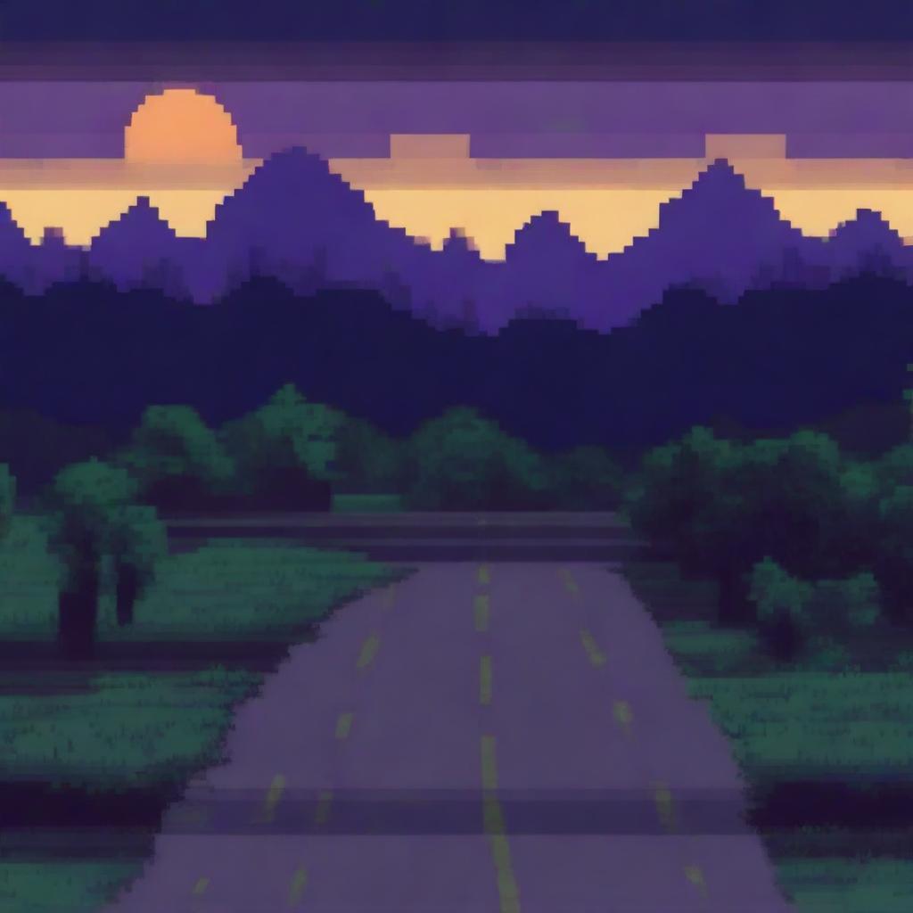 A pixel art depiction of a night road, designed in a sideways 2D perspective