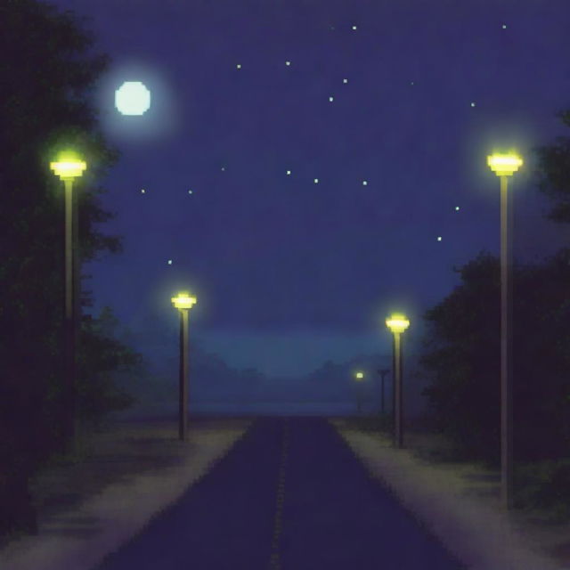 A pixel art depiction of a night road