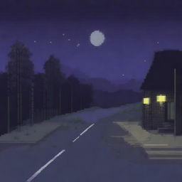 A pixel art depiction of a night road