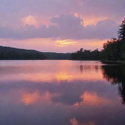 A tranquil scene of a sunset over a peaceful lake, the vibrant colors of oranges, pinks, and purples reflecting off of the sparkling water.