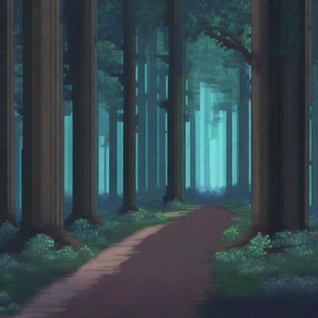 A pixel art depiction of a forest night road in a 2D perspective