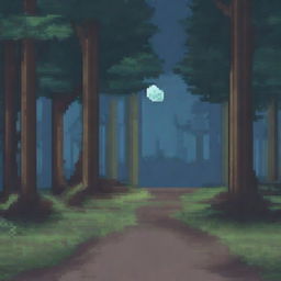 A pixel art depiction of a forest night road in a 2D perspective