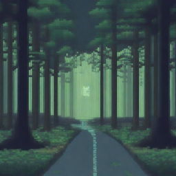 A pixel art depiction of a forest night road in a 2D perspective