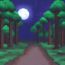 A pixel art depiction of a forest night road in a 2D perspective