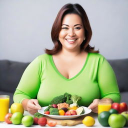 A smiling and confident person, wearing clothes that demonstrate weight loss, holding a plate with healthy foods