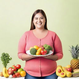 A smiling and confident person, wearing clothes that demonstrate weight loss, holding a plate with healthy foods