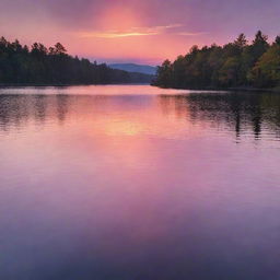 A tranquil scene of a sunset over a peaceful lake, the vibrant colors of oranges, pinks, and purples reflecting off of the sparkling water.