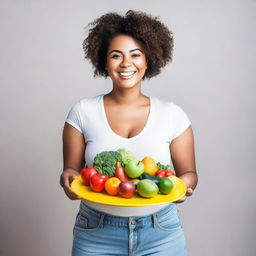 A smiling and confident person, wearing clothes that demonstrate weight loss, holding a plate with healthy foods