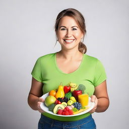 A smiling and confident person, wearing clothes that demonstrate weight loss, holding a plate with healthy foods