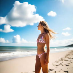 A young woman wearing a bikini, standing on a sandy beach with the ocean in the background