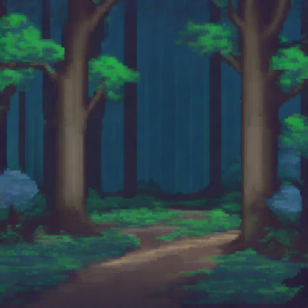 A pixel art depiction of a forest night road viewed from the side in a 2D style